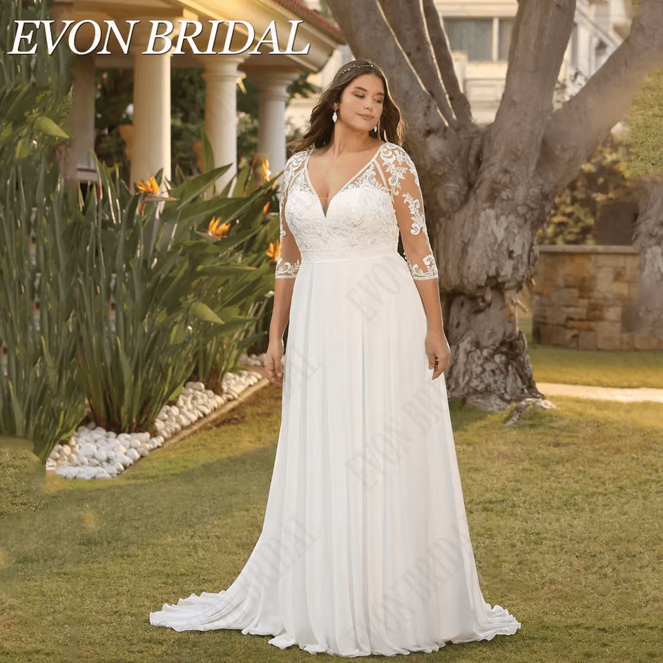 EVON BRIDAL Občanské svatební šaty s 3/4 rukávy a dlouhým rukávem pro nevěstu, šifonové svatební šaty s výstřihem do V a áčkovým výstřihem, na míru