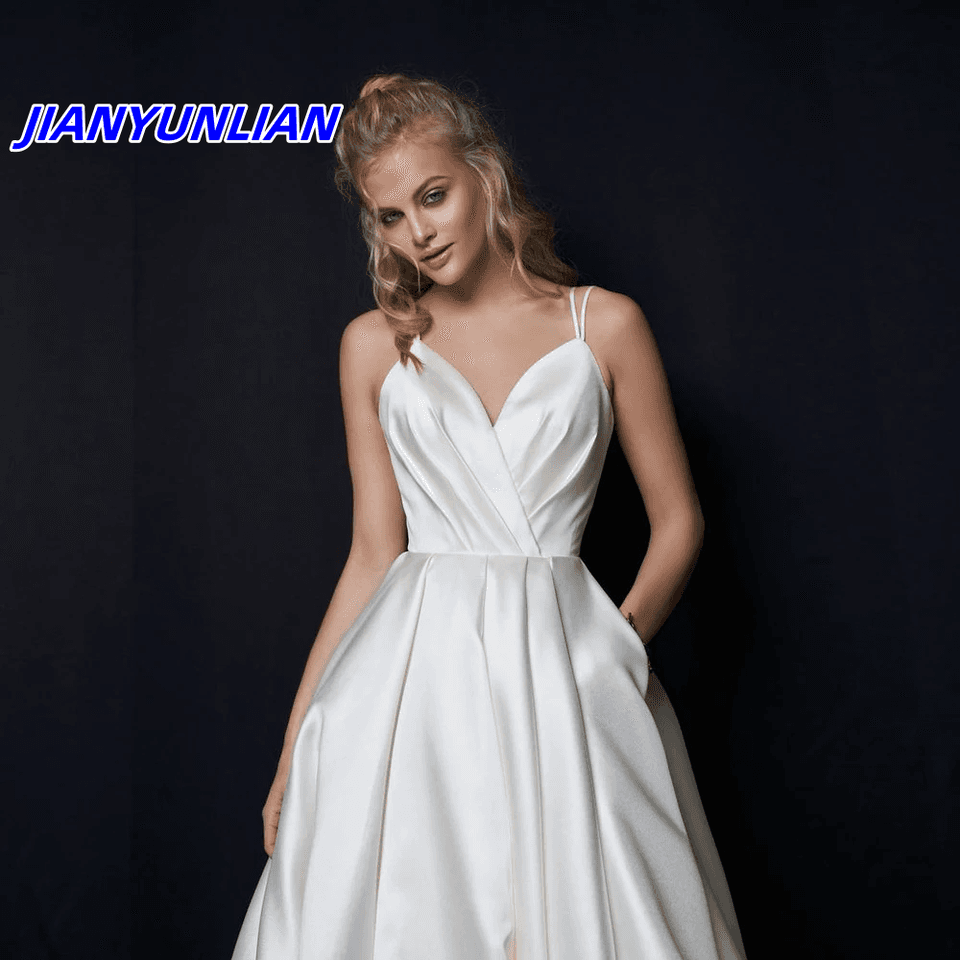 Módní saténové svatební šaty na míru, sexy špagetová ramínka, nabírané záhyby, jednoduché svatební šaty vestido de noiva