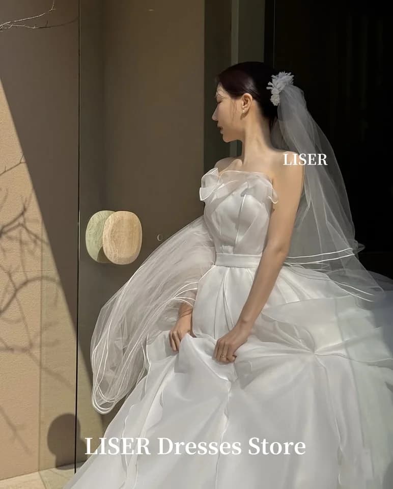 Elegantní svatební šaty Liser bez ramínek z Koreje, měkké organzové focení, jednoduché dlouhé svatební šaty 웨딩드레스, korzety na míru