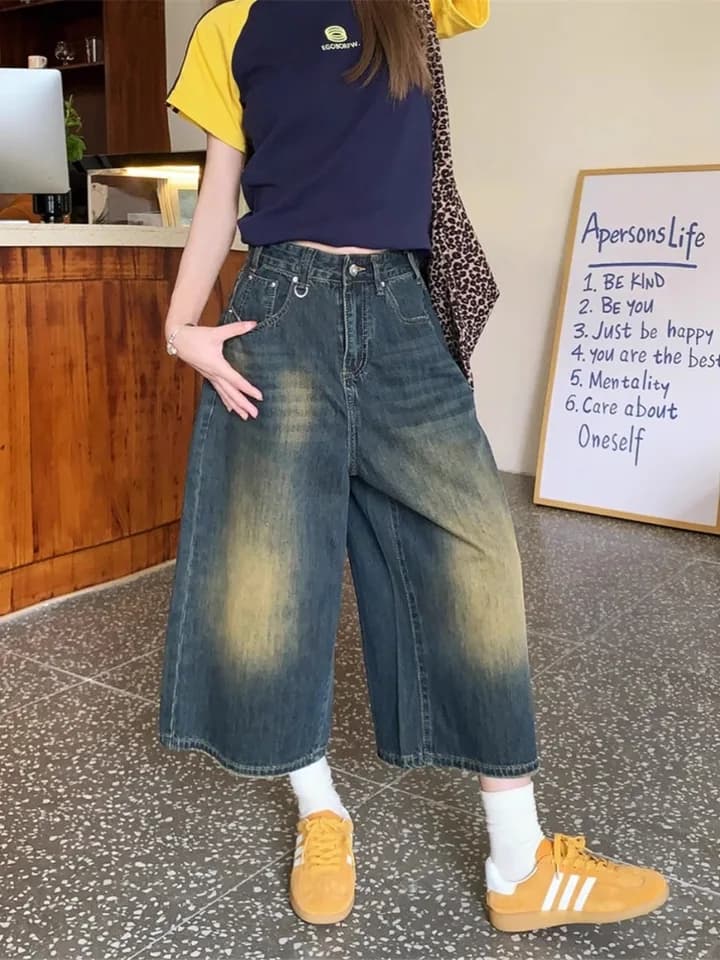 Dámské modré džínové kraťasy s vysokým pasem, vzorem Y2K, vintage pytlovité, široké, ležérní letní džíny