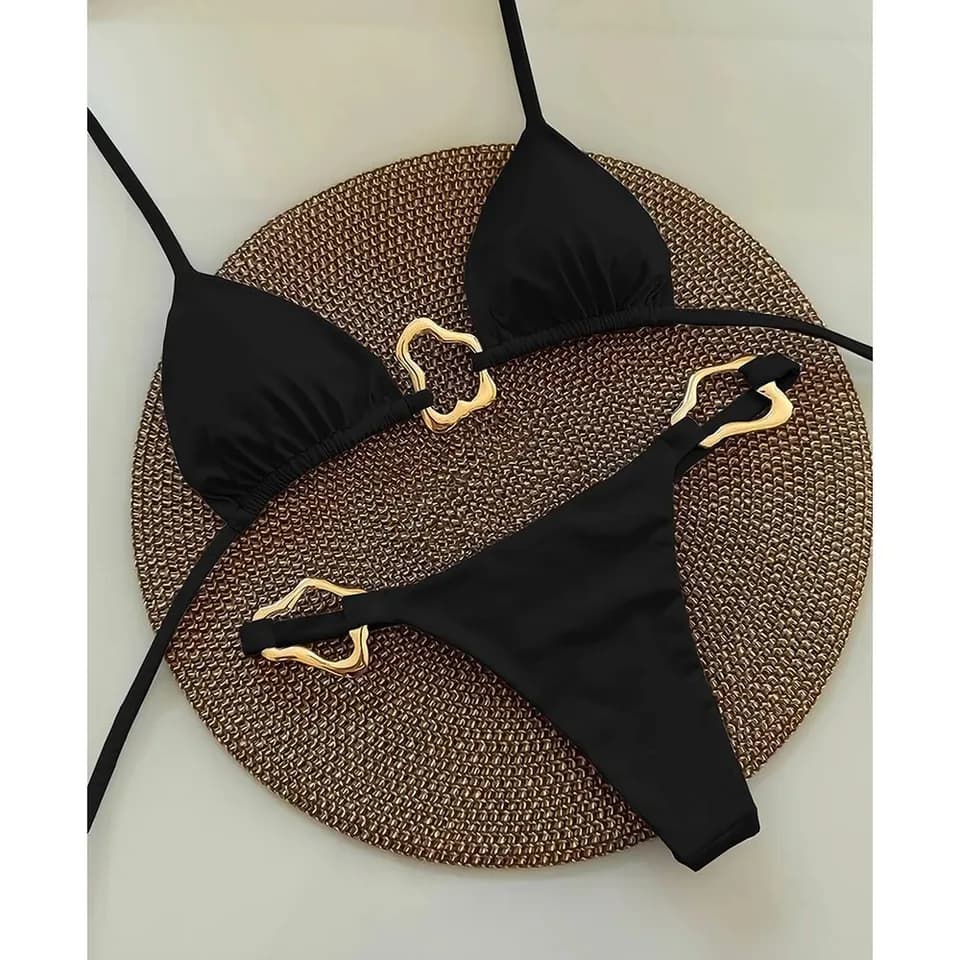 Women's Lace-Up Two-Piece Bikini Set - Solid Color Split Swimsuit Beachwear