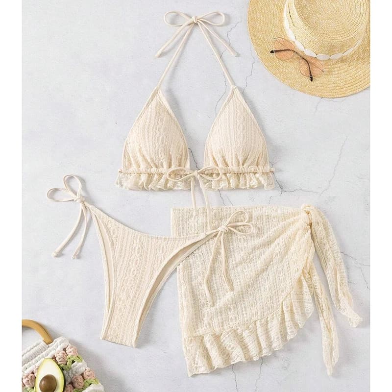 Women's 3-Piece Bikini Set Triangle Halter Push-Up Swimsuit with Ruffles Cover-Up Beachwear