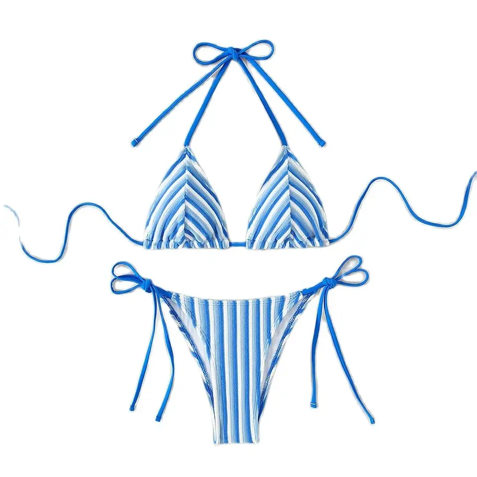 Women's Striped Halter Bikini Set - Low Waist Tie-Up Swimsuit for Beach Vacation Summer Swimwear