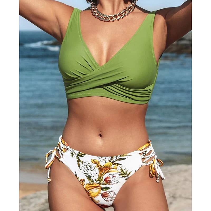 Women's Vintage Print Push-Up Bikini Set - Cross Back Lace-Up Two Piece Swimwear Bathing Suit