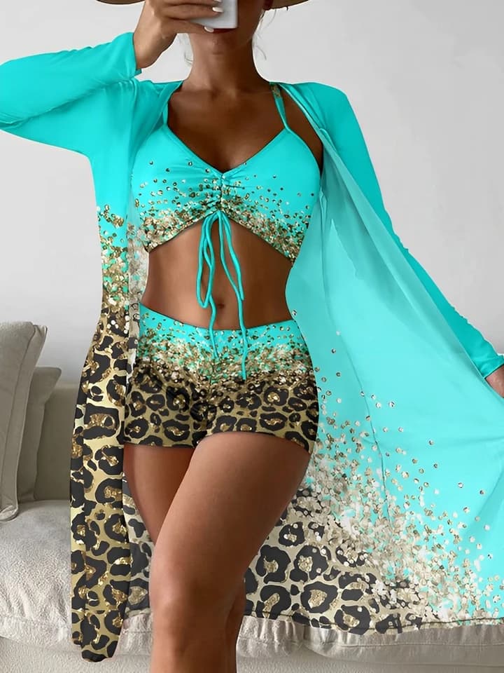 3 Piece High Waist Bikini Set with Kimono Cover Up - Women's Printed Swimwear Beachwear