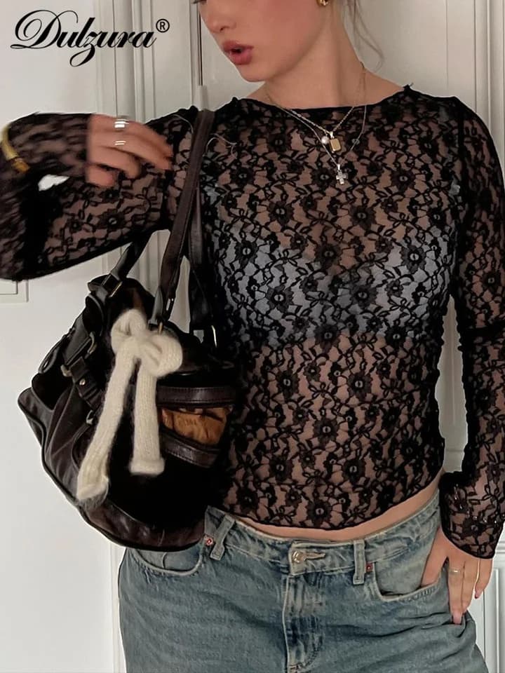 Dámský krajkový crop top s dlouhým rukávem, průsvitné bodycon tričko pro párty, klub, léto