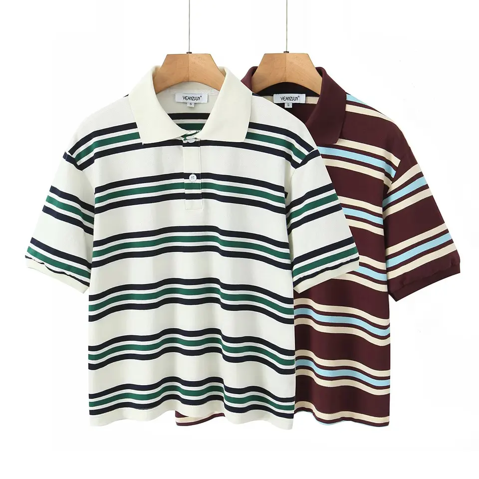 Dámské hnědé pruhované polo tričko s krátkým rukávem, vintage crop top, ležérní letní streetwear