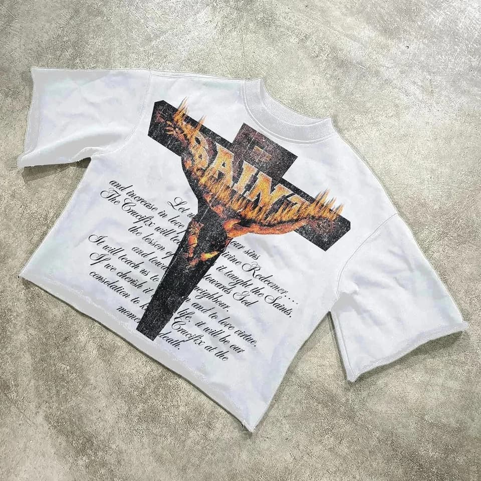 Retro gotické tričko s křížovým grafickým vzorem, unisex, 3/4 rukáv, bavlněný streetwear top, styl Harajuku