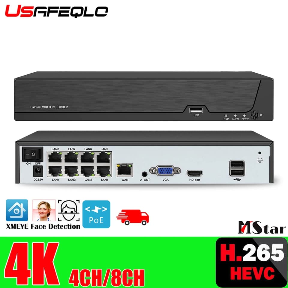 4K 8kanálový PoE NVR síťový videorekordér 8MP 5MP IP kamerový systém pro dohled H.265