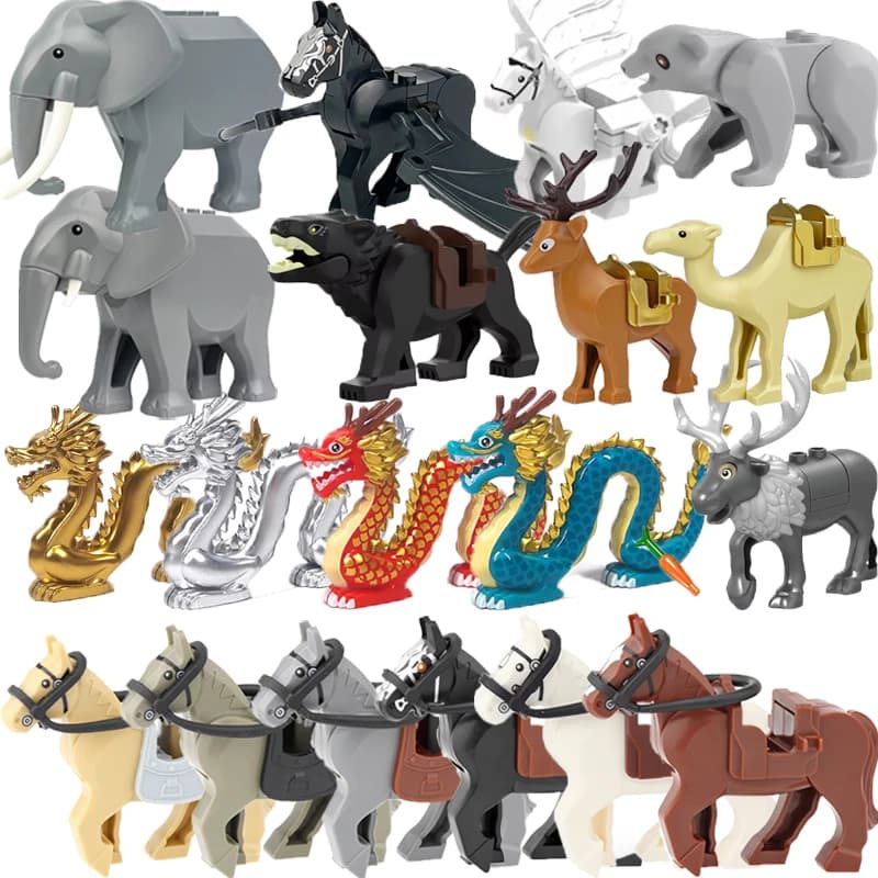 Středověká sada stavebních bloků zvířat - figurky zoo slon velbloud vlk jelen mini kostky hračky dárek