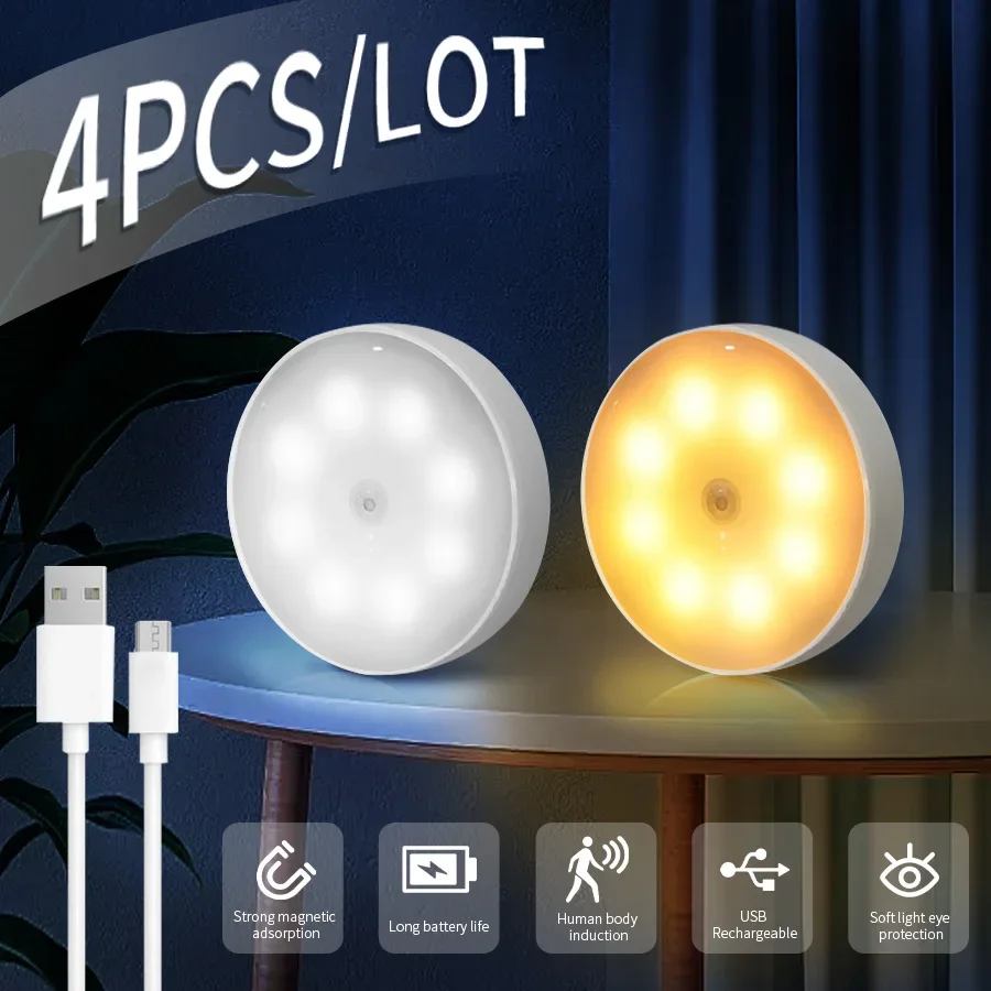 LED noční světlo s pohybovým senzorem, dobíjecí, nástěnné, pro osvětlení skříňky, ložnice, kuchyně, děti