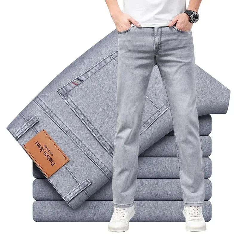 Pánské elastické džíny šedé rovné stretch bavlna casual kalhoty letní pohodlné