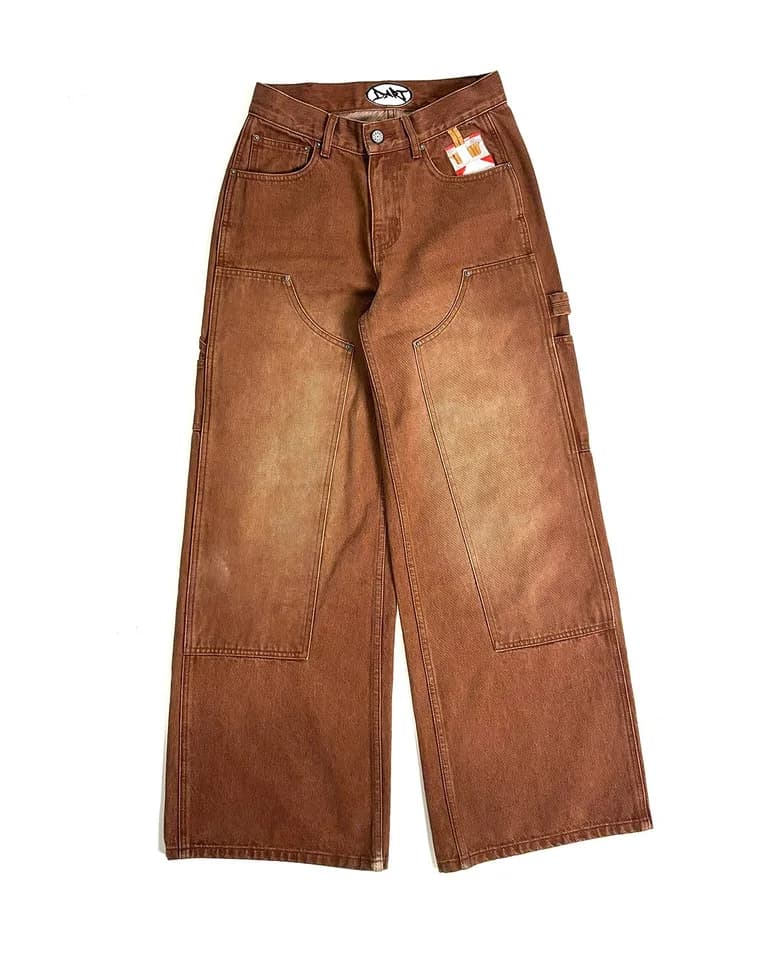 Pánské gotické punk džíny Y2K retro výšivky hnědé volné široké nohavice vintage styl