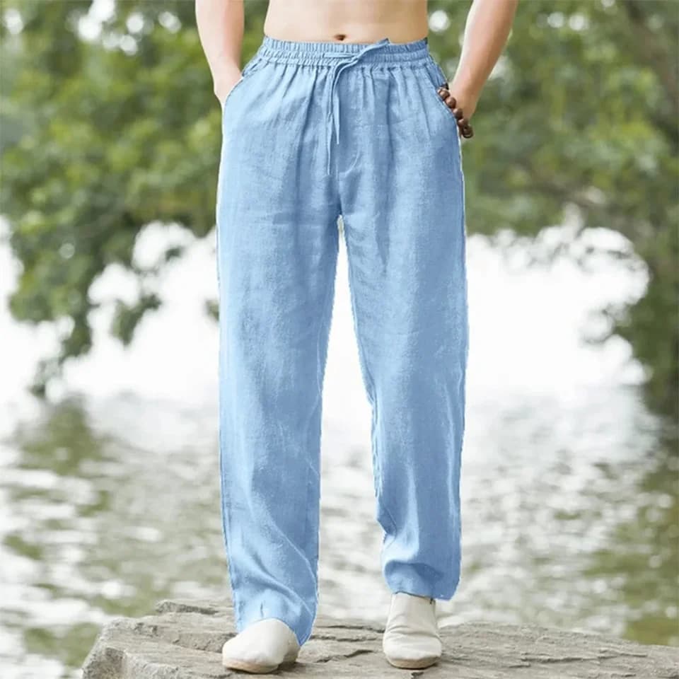 Pánské letní kalhoty bavlna len volné plážové tepláky streetwear casual dlouhé