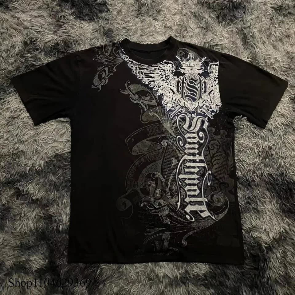 Gothické oversized tričko Y2K styl bavlna unisex černé topy streetwear móda