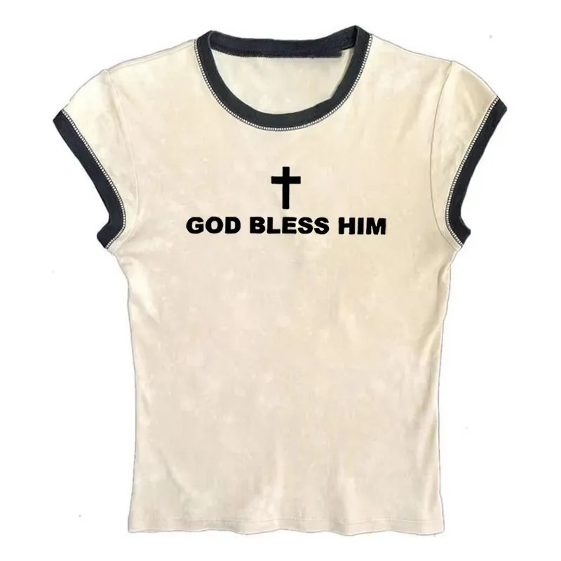 Y2K Crop Top Tričko s Křížem - Vintage Gothic Streetwear Krátký Rukáv Dámské Letní