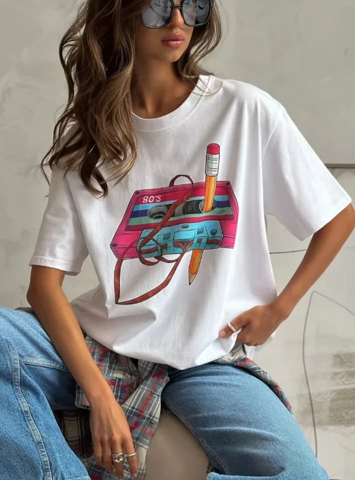 Dámské bavlněné tričko s potiskem vintage casual krátký rukáv hip hop volný střih