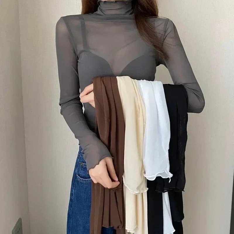 Dámské průsvitné tričko s dlouhým rukávem - síťovina, crop top, slim fit, roláček