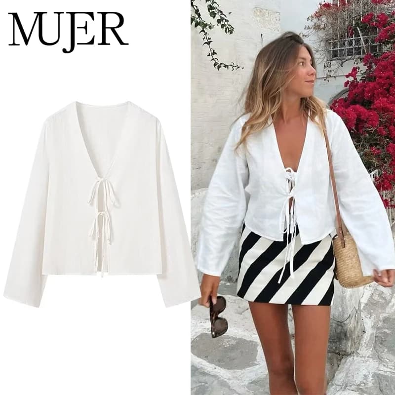 MUJER 2025 White Cropped Blouses for Women Tied Casual Shirts and Blouses Woman Long Sleeve Crop Top Female Summer Beach Blouses