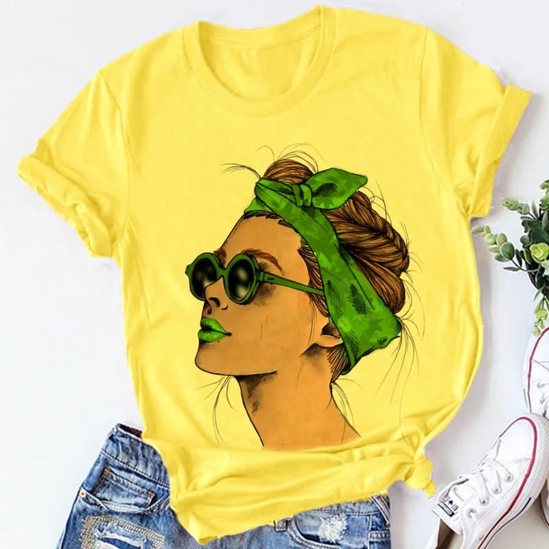 Žluté dámské tričko plus size s potiskem letní casual streetwear krátký rukáv