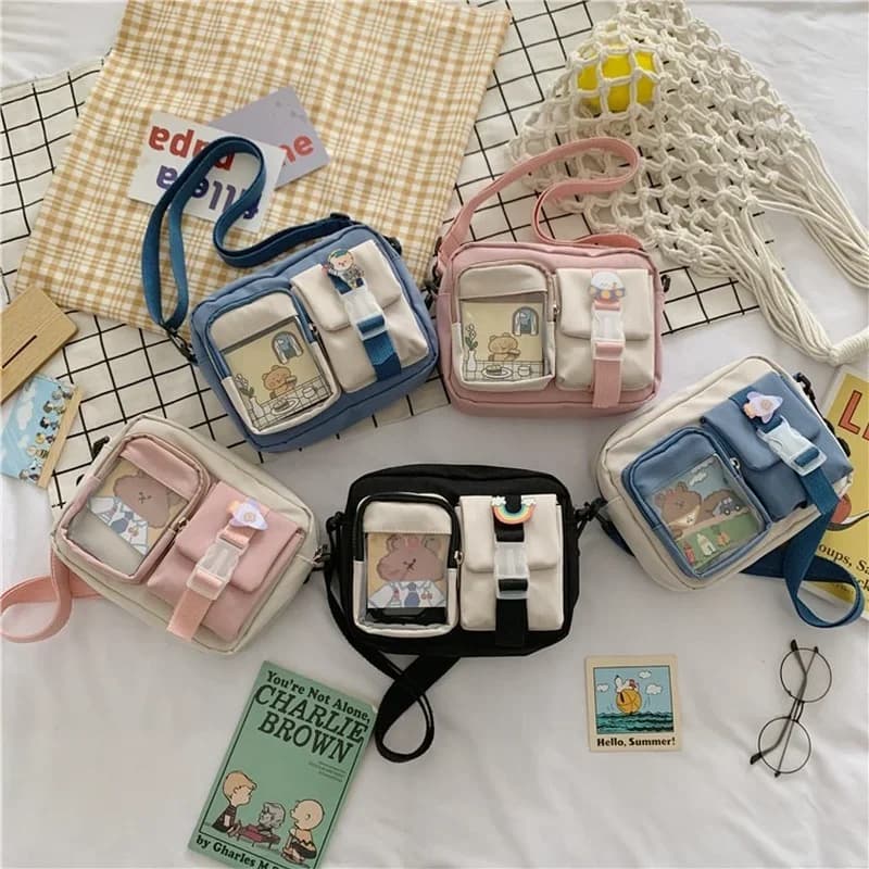 Kawaii transparentní crossbody kabelka pro studentky s více kapsami nylon ramínko dámská taška