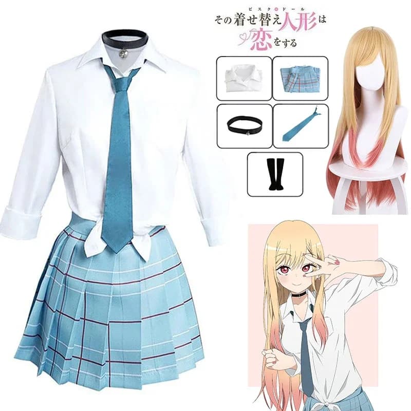 Anime cosplay kostým školní uniforma s parukou a náušnicemi pro dívky