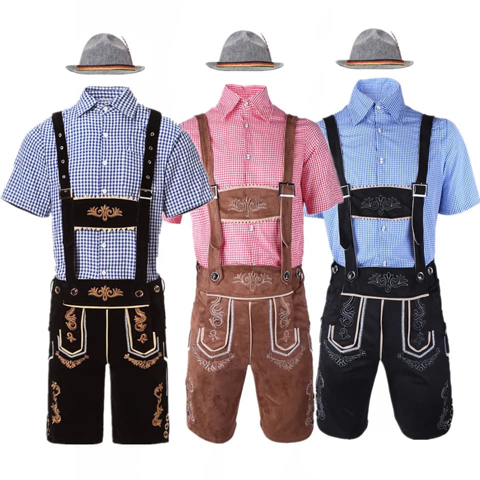 Pánský bavorský kostým Oktoberfest lederhosen s košilí a kšandami M-XXL