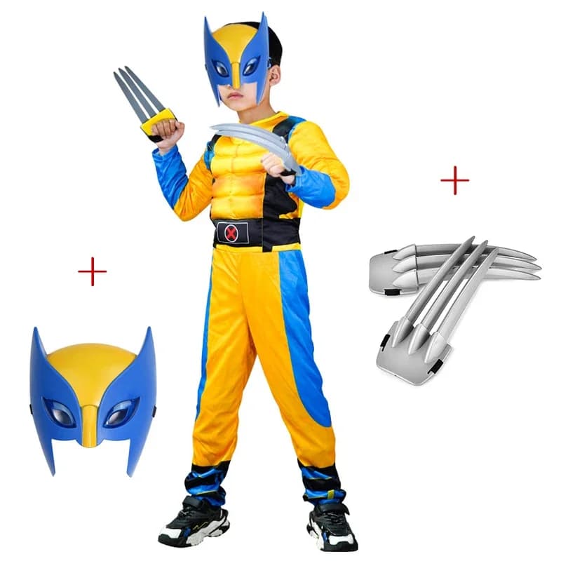 Wolverine kostým s drápky a maskou pro Halloween - superhrdina overal s vycpávkami