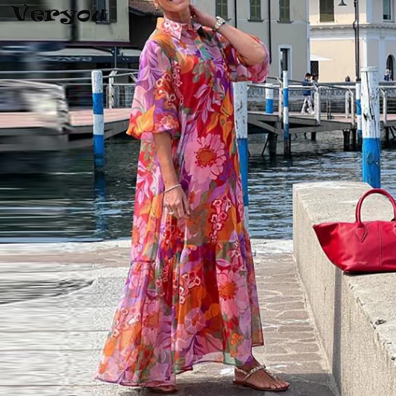 Letní volné maxi šaty s květinovým potiskem pro plnoštíhlé - elegantní casual model na pláž a dovolenou