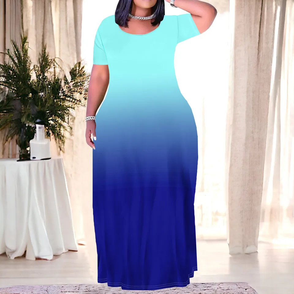 Dámské letní maxi šaty s krátkým rukávem a kapsami - ombré gradient design, XXL velikosti
