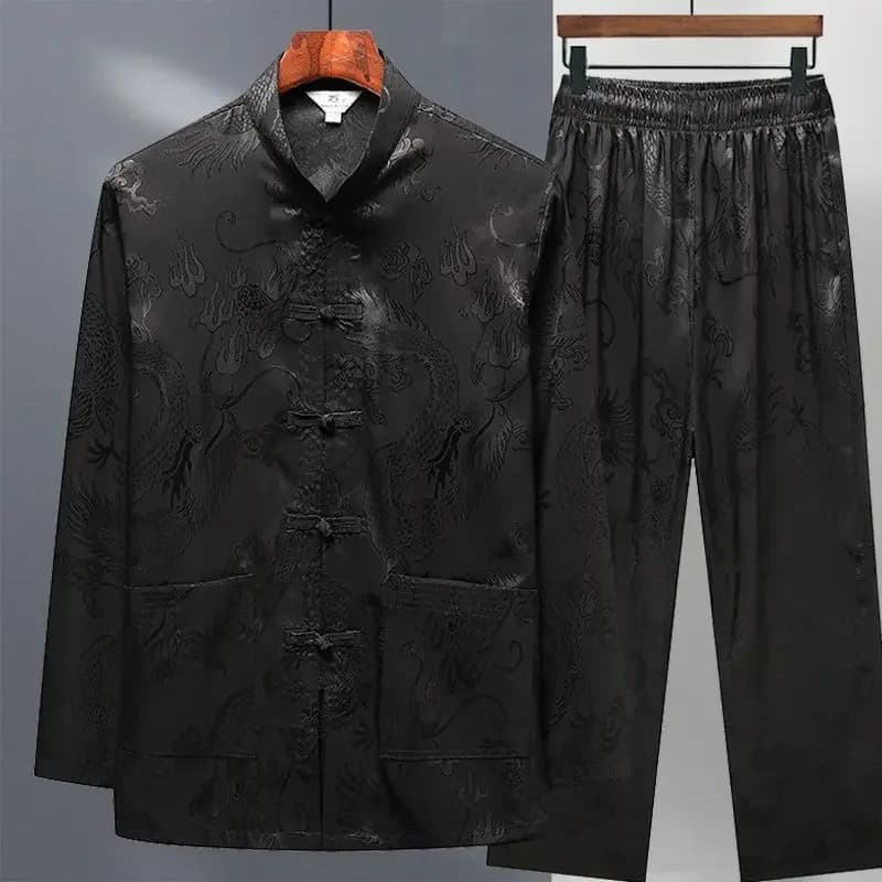 Tradiční pánský společenský oblek Tai Chi hedvábný volnočasový kabát pro seniory a muže středního věku