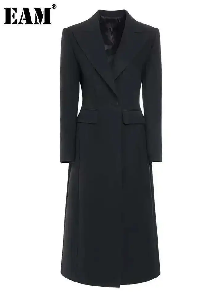 Dámské černé sako slim fit s dlouhým rukávem, elegantní jarní/podzimní bunda ke kotníkům