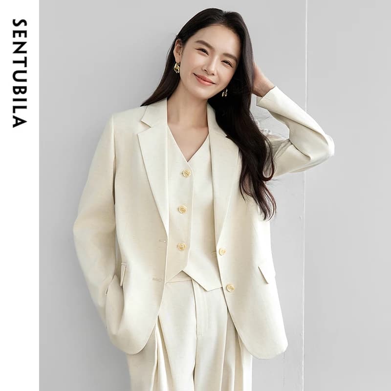 Dámské lněné sako béžové elegantní kancelářské blazer jednobarevné jarní styl M-2XL