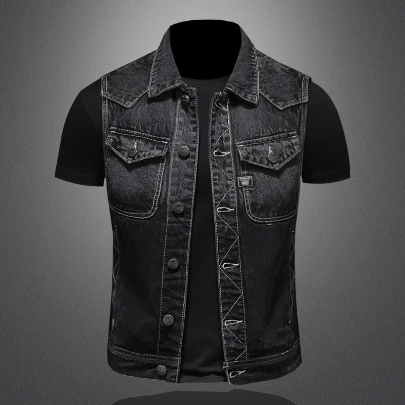 Pánská džínová vesta černá módní retro styl motorkář nadměrné velikosti S-6XL