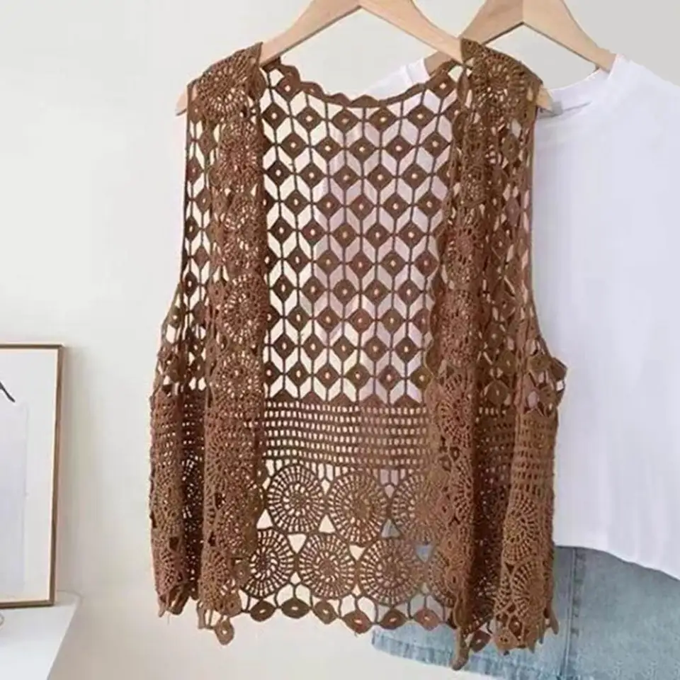 Dámská háčkovaná vesta letní svetr bez rukávů tenký cardigan módní styl