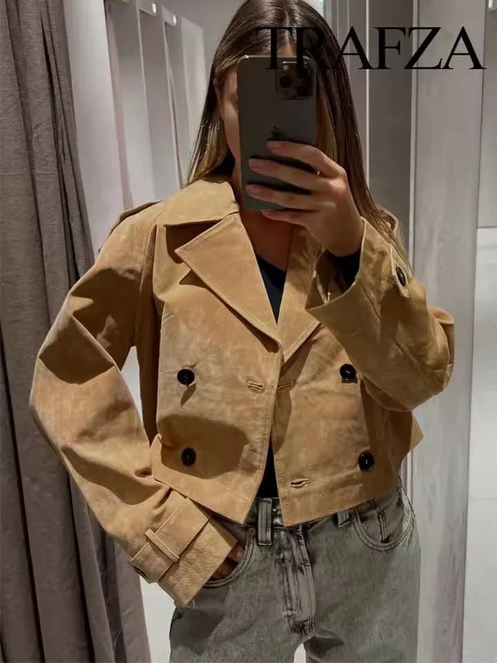 Dámský elegantní krátký trenčkot s límcem a dlouhým rukávem v retro stylu