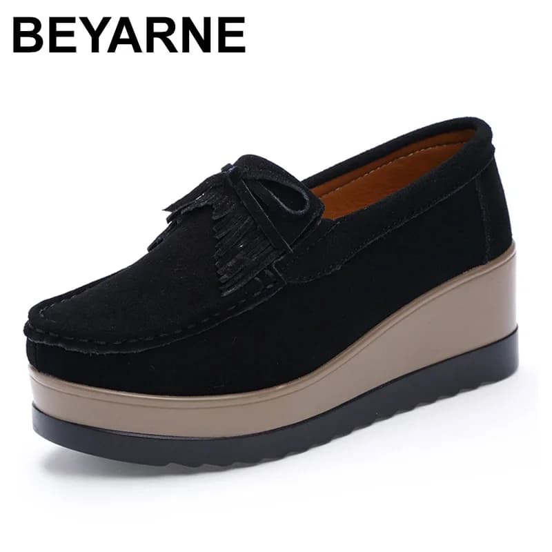 Podzimní dámské platformové boty kožené semišové plyšové slip on mokasíny s třásněmi