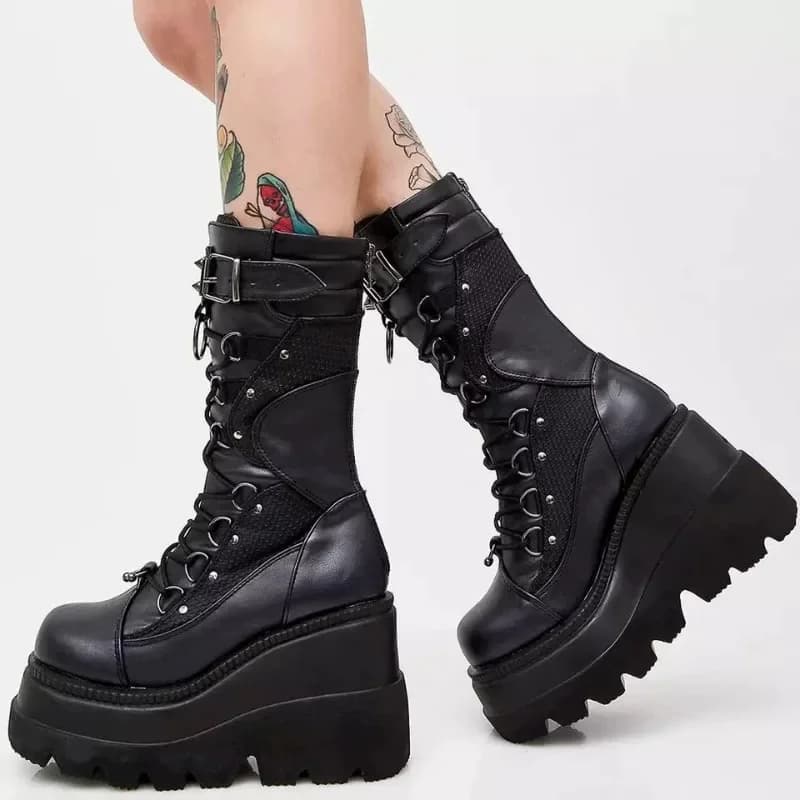 Dámské vysoké kozačky cosplay do poloviny lýtka platforma vysoký podpatek goth boty