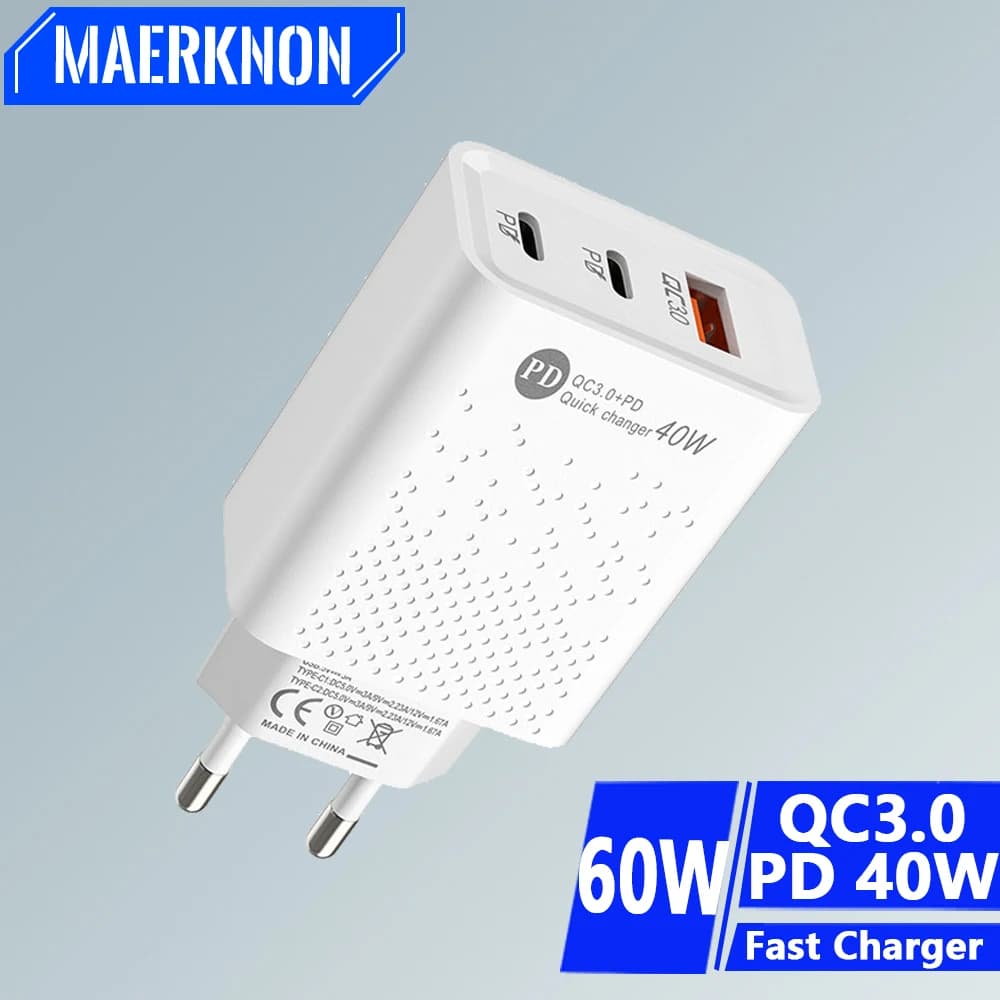 60W USB C nabíječka s rychlonabíječkou 3portová PD 40W typ C nabíječka mobilních telefonů napájecí adaptér pro Samsung Xiaomi iPhone QC3.0