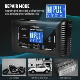 HTRC 12V/24V nabíječka autobaterií 15A automatická nabíječka pro lithiové, LiFePO4, AGM, gelové olověné baterii do auta - náhled 4
