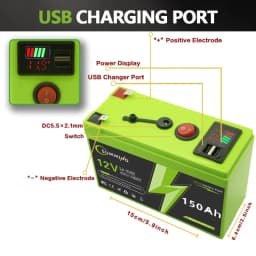 12V lithiová baterie 150Ah LiFePO4 5000+ hlubokých cyklů Vestavěný BMS, životnost 10 let, rádio, kajakový sonar, solární panel, pro UPS - náhled 5