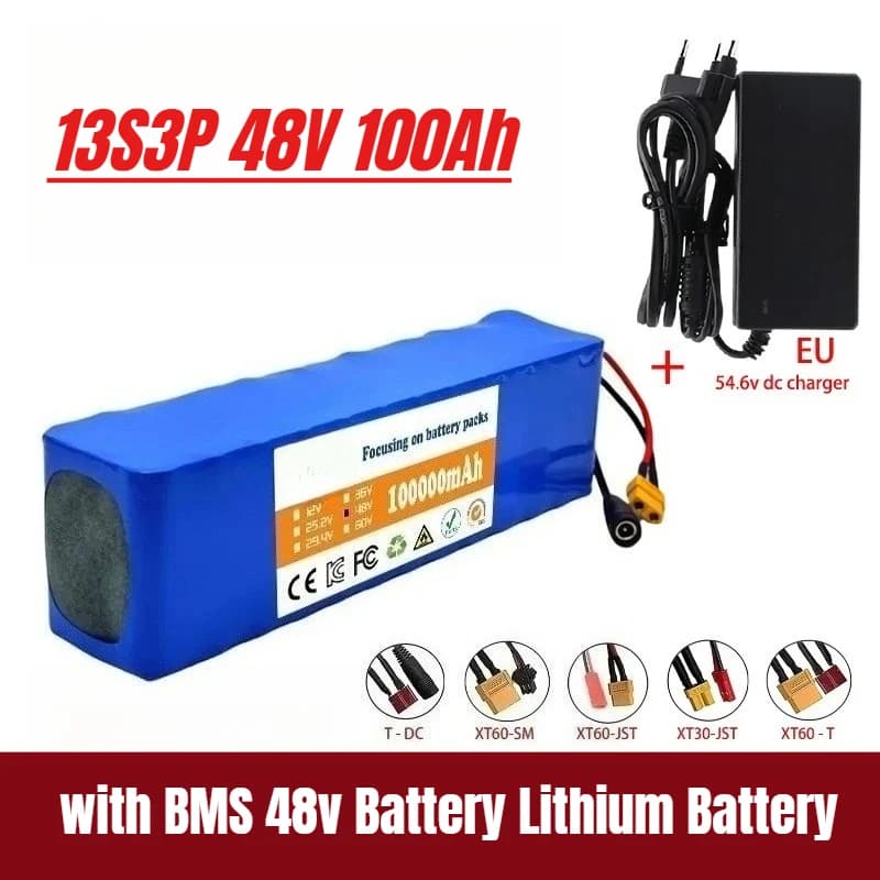 Nová lithium-iontová baterie 13S3P 48V 100Ah 1000W XT60 48V s BMS baterií, nabíječkou 48V lithium-iontové baterie 54,6V