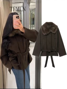 TFMLN Women Loose Faux Fur Collar Jackets With Belt 2025 Autumn Winter Warm Long Sleeve Cropped Coat