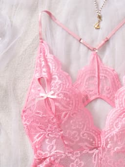 Dámská kombinace duté podprsenky, kombinéza, kombinéza s krajkovou mašlí, sexy spodní prádlo, květinové pyžamo, jednodílné, bez rozkroku, hluboké V - náhled 3