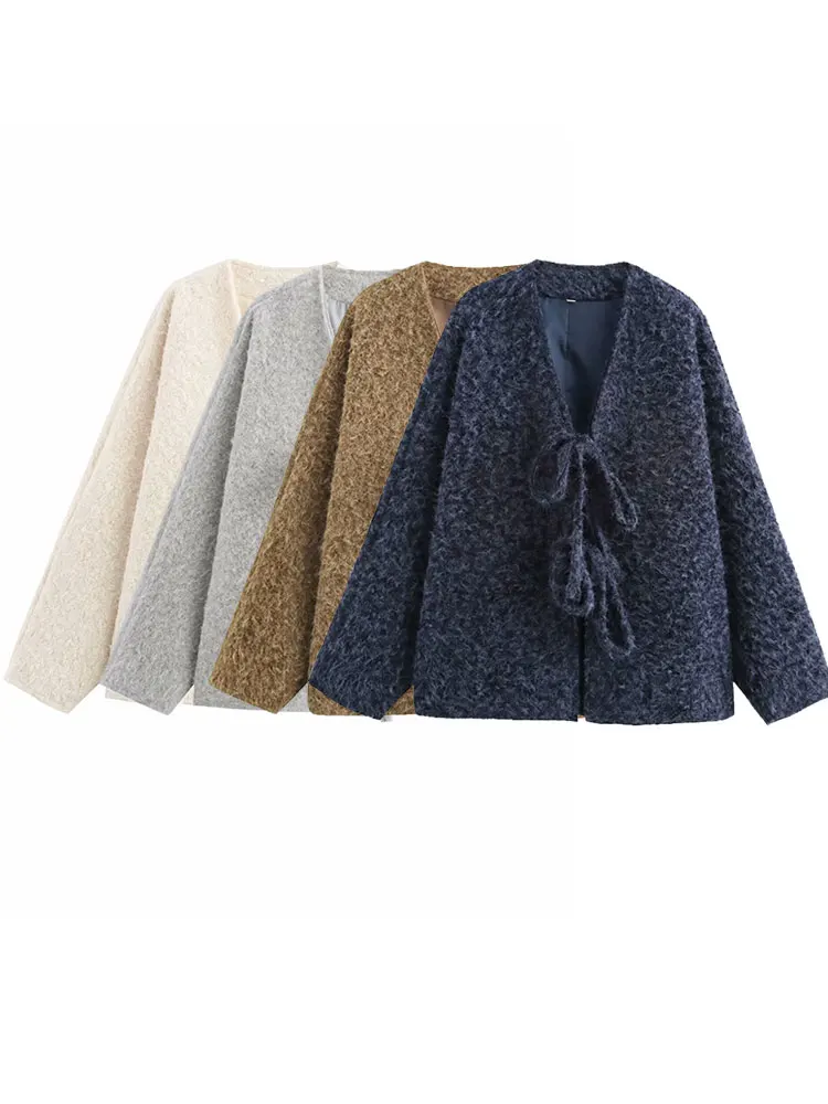 Podzimní zima 2024, ležérní elegantní dámské bundy, jednobarevné, s dlouhým rukávem a šněrováním, volné, silné kabáty, módní svrchní oblečení