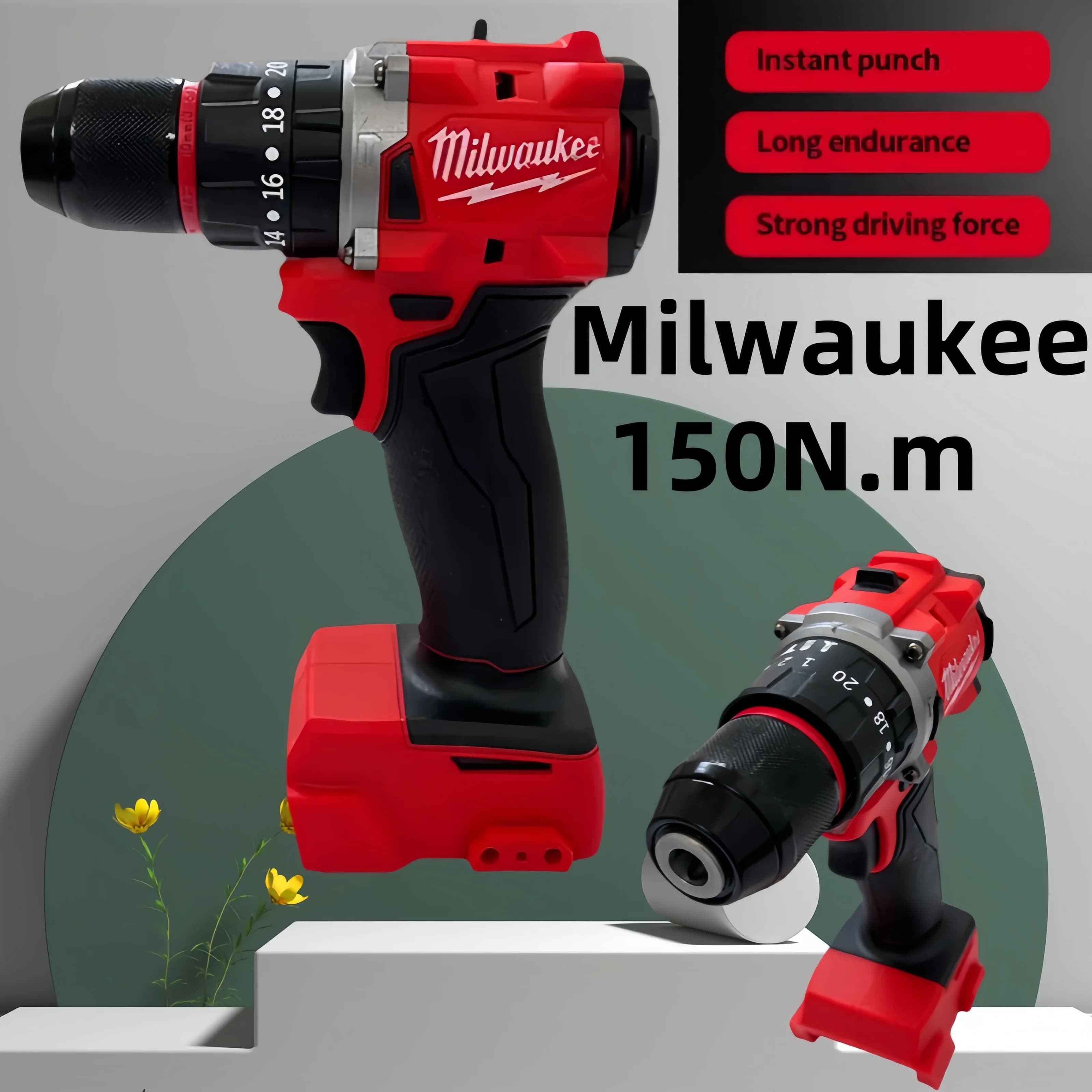 Milwaukee NOVÁ bezkartáčová malá elektrická vrtačka 150Nm akumulátorová příklepová vrtačka pro 18V bateriové napájení, nástroj pro dekorační týmy
