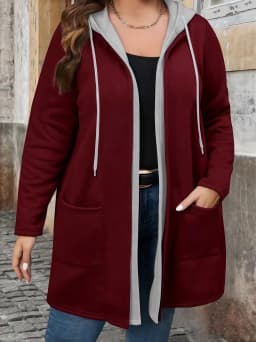 Elegant Solid Color Two-Tone Longline Hooded Cardigan with Pockets and Drawstring, Plus Size Women's