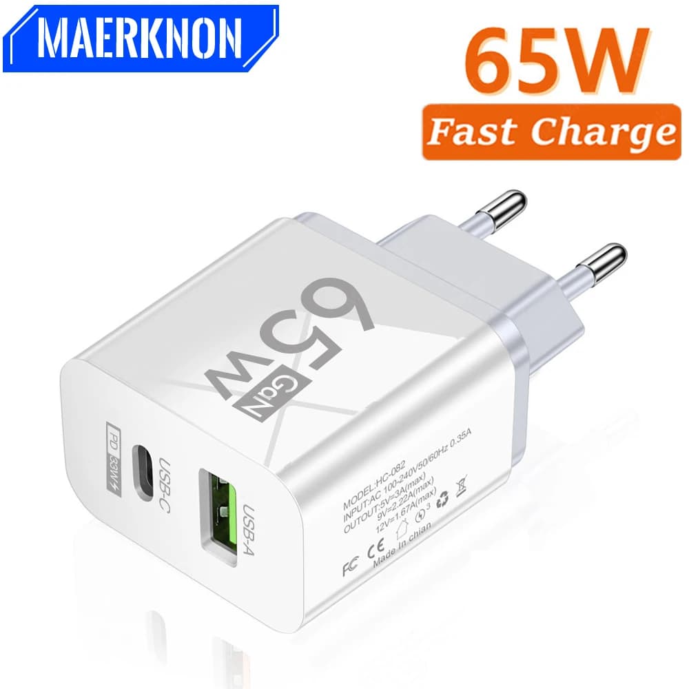 Nabíječka USB GaN 65W typu C s rychlonabíjecím adaptérem pro telefony pro iPhone, Samsung, Xiaomi, Huawei, rychlé nabíjení, EU/US zástrčka