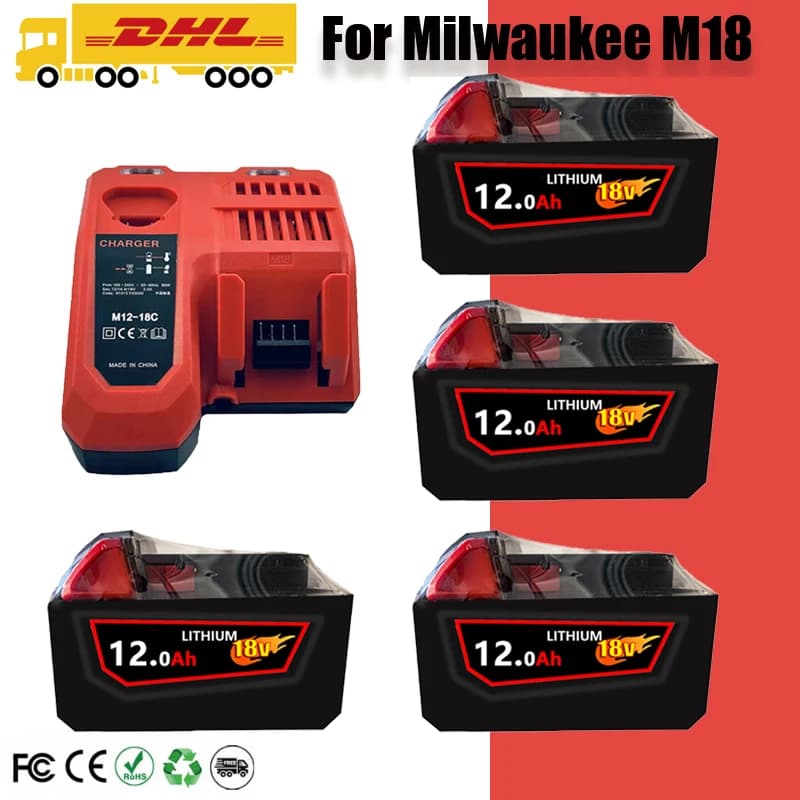2026 Milwaukee 18V baterie M18-HB3 s vysokou energií 12AH, originální nabíječka Milwaukee M12-18FC 48-11-1815
