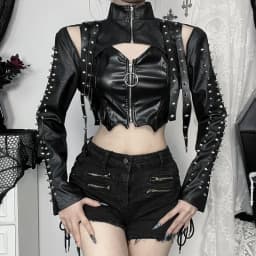 Punková zkrácená bunda z umělé kůže pro ženy jaro 2024 streetwear sexy slim fit nýtovaný PU top - náhled 4